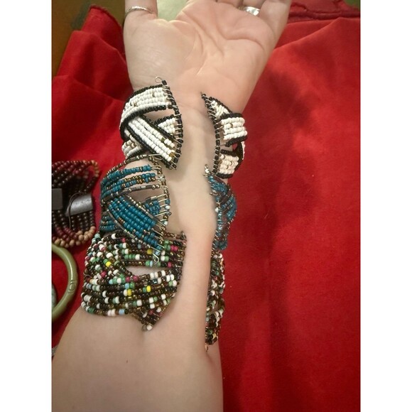 Set of 3 Seed Beaded Coil Wrap Bracelets: White, Teal, Multicolor Boho Gypsy - Picture 9 of 12